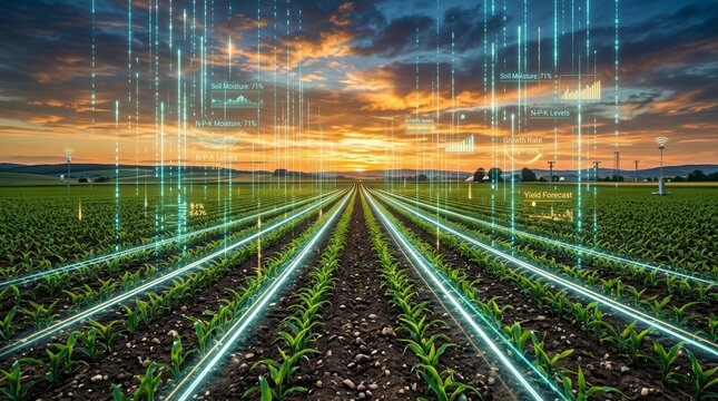 Smart agriculture technology featuring digital data streams over green crops in a large farmland at sunset.