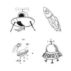 Hand Drawn UFO Spaceship Rocket Doodle Set © CAN354