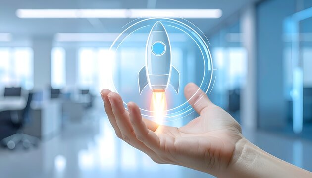Open hand supporting a holographic rocket launch, representing startup success, innovation, business acceleration, technology, and entrepreneurial vision.