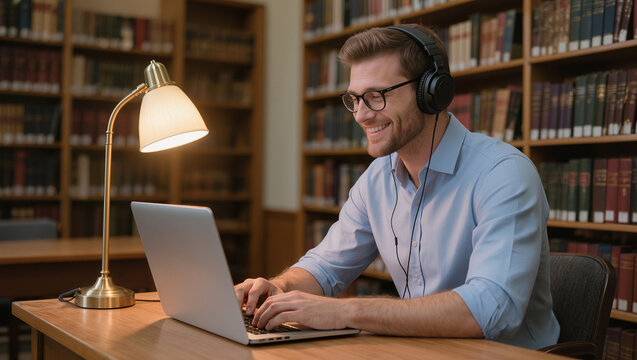 Man with headphones learning on laptop in library, desk lamp and bookshelves