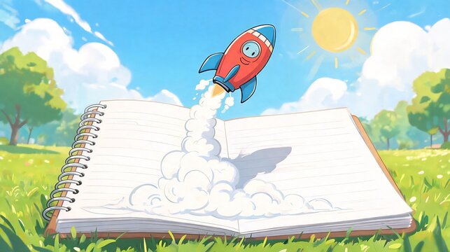 Rocket Launching From Open Notebook Symbolizing Productivity, Ambition and Progress