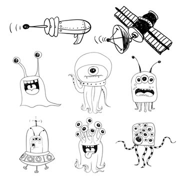 Cute Space Monsters Aliens Satellite Ray Gun Doodle Set