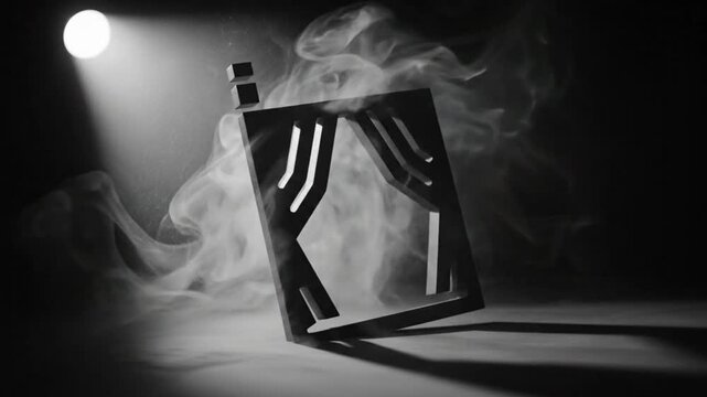 Mysterious logo unveiling with dramatic spotlight, smoke, and industrial geometric shape in darkness