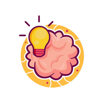 Cute brain with glowing light bulb creative idea cartoon illustration. Innovation, solution, and brain power concept