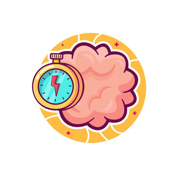 Cute brain with stopwatch timer cartoon illustration. Time management, fast thinking, and productivity concept