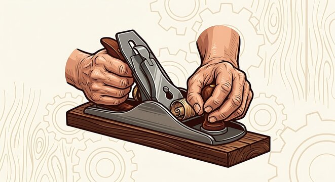 Woodworker hands using a manual hand plane to smooth a wood plank