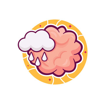 Cute brain with rain cloud cartoon illustration. Sadness, depression, brain fog, and mental health concept.