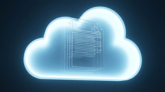 Glowing 3d cloud with translucent document pages illustrating secure e-statements and cloud-based file management for modern digital banking services.