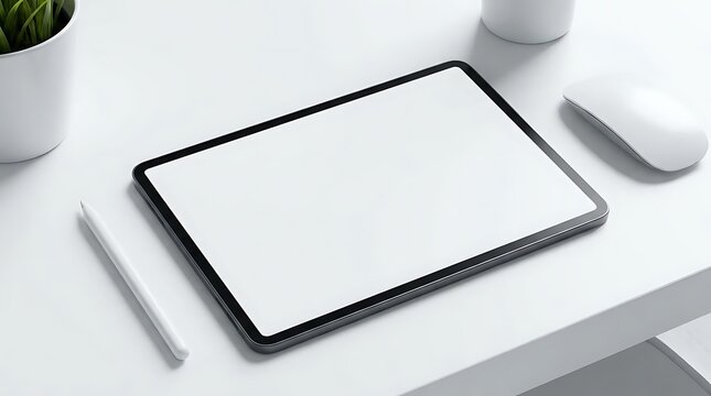 E-statements class prompt engineer workspace featuring a blank tablet and stylus on a minimalist white desk for professional digital banking and education.