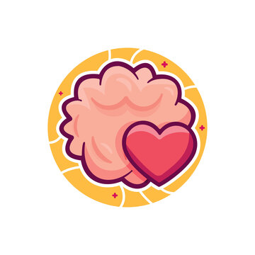 Cute brain and heart love cartoon illustration. Mental health, emotional intelligence, and self care concept