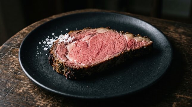Prime rib roast beef slice served on a black plate with sea salt