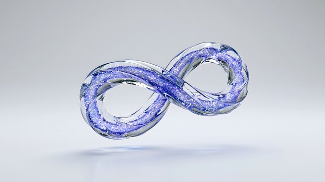 Abstract 3D rendered infinity loop with internal glowing dust on minimal white background