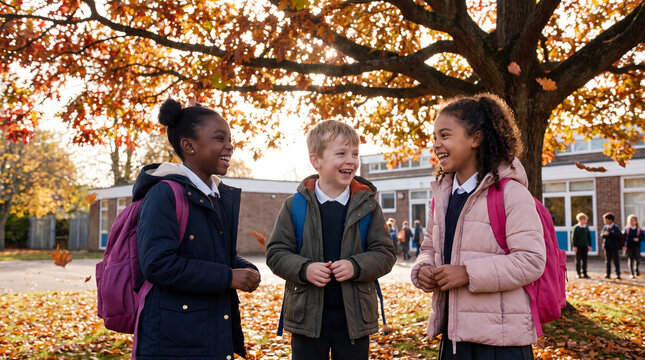 Three diverse elementary students chat under a golden autumn tree on campus for seasonal back-to-school content