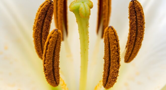 A stunning extreme macro shot of the pollen-covered anthers and green pistil inside a white lily flower.