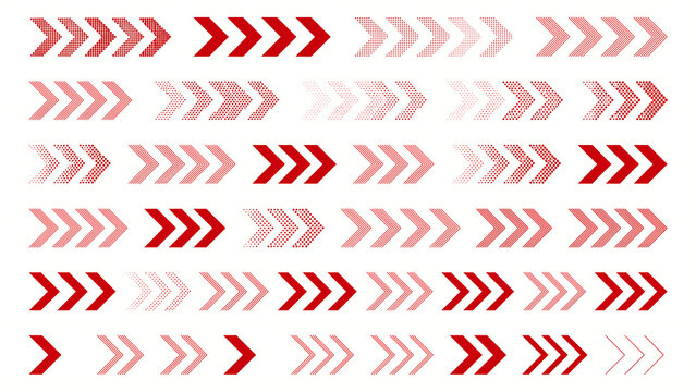 Set of various red directional chevron arrows collection with direction navigation collection indicator wayfinding abstract pointing business