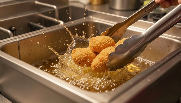 Deep frying croquettes in oil with tongs