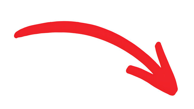 Single red curved arrow pointing downward directional graphic with direction navigation indicator pointing abstract wayfinding business