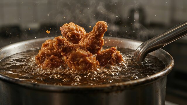 Crispy fried chicken being fried in hot oil in a deep fryer pot