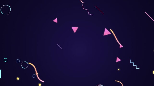 Memphis style motion graphics background, colorful geometric shapes on dark purple, retro 90s abstract animation for social media