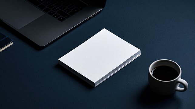 Minimal dark blue office workspace with blank white paper notepad, coffee cup and laptop computer creates modern professional work from home setup with empty copy space