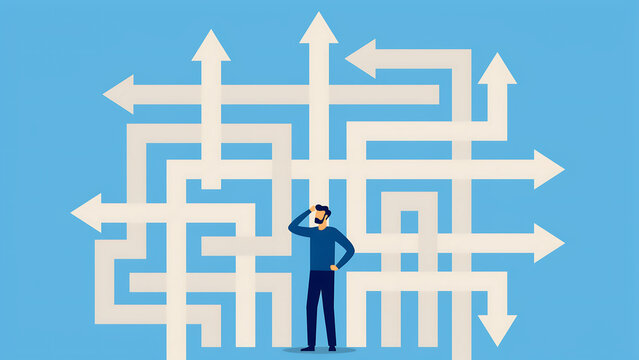 Confused businessman analyzing complex path arrows representing business development and strategic decision making with business decision direction strategy planning management challenges