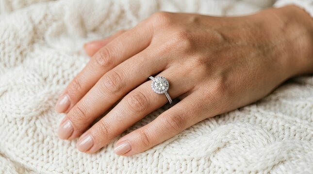 A close up view of a beautiful diamond engagement ring worn on a woman finger with soft lighting