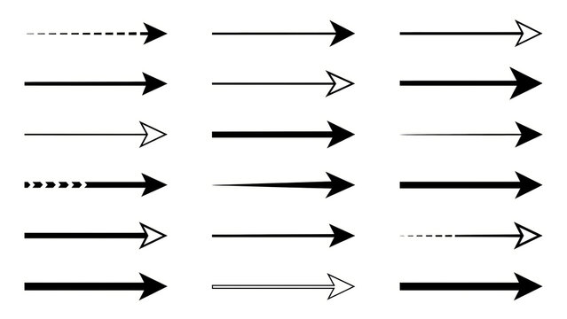Set of assorted vector style black arrows pointing right on white background with pointing collection isolated background business pointers direction