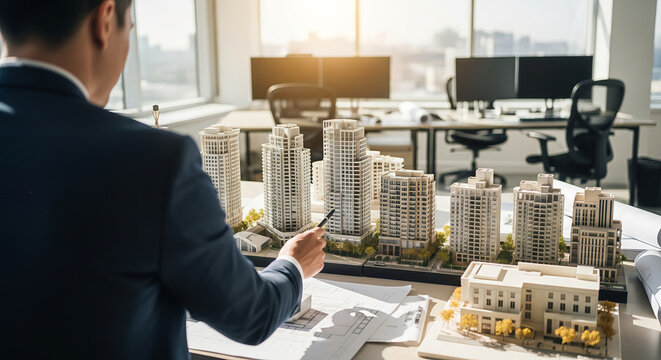 Architect in Suit Analyzing Urban Development Project with 3D Architectural Scale Model