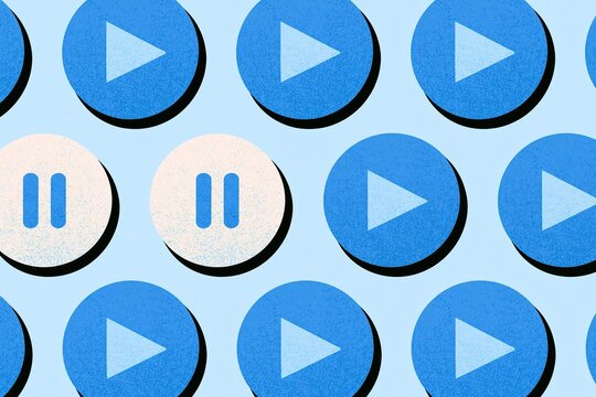 Repeating seamless pattern of textured round blue play and beige pause media player buttons on light blue background creates retro graphic design for music and video