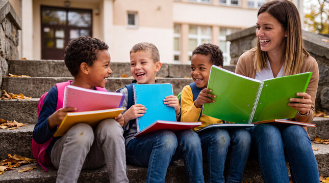 A teacher and elementary students show colorful back-to-school notebooks and books on campus steps with crayons for website banners