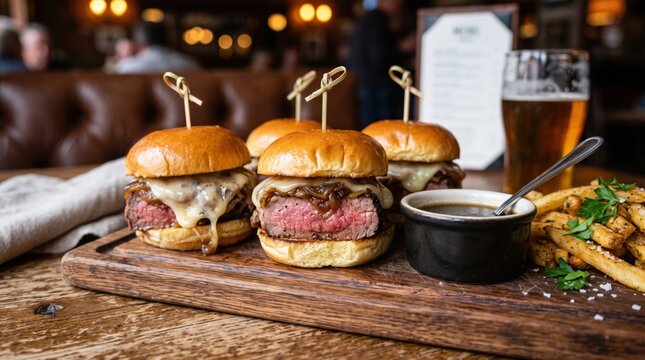 Prime rib sliders with caramelized onions and fries in a pub