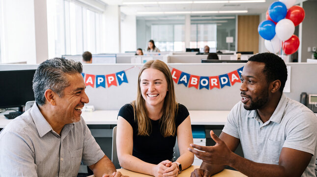 Three diverse businesspeople chat happily at a desk beneath a Labor Day banner and balloons for internal company communications