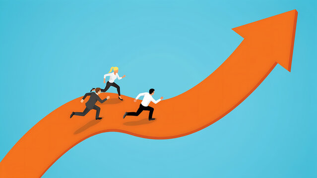 Business people running fast upward on a large orange arrow symbolizing growth and success with business strategy achievement competition leadership motivation development financial progress