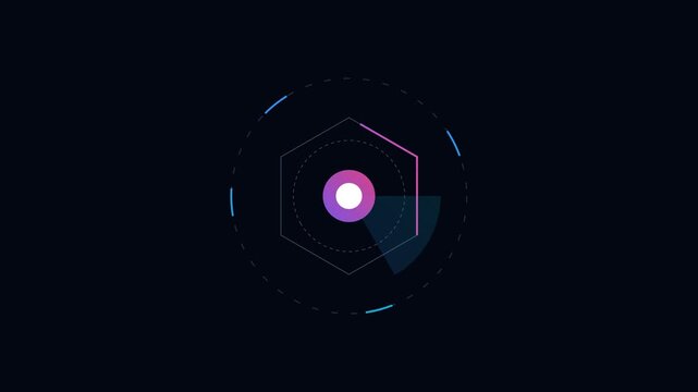 Abstract geometric radar scan animation video. Futuristic purple glowing node with cyber interface for tech UI motion graphic design templates