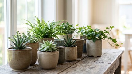 Fototapeta premium A collection of potted plants on a wooden table. Various green plants in ceramic pots create a fresh and vibrant indoor atmosphere.