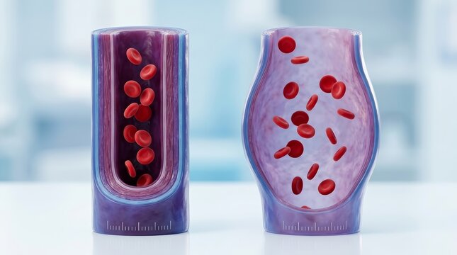 Detailed medical illustration comparing a normal vein lumen to a dilated vein varicosity.