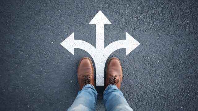 Person standing at a three way decision point marked on asphalt road with direction decision junction navigation movement opportunity