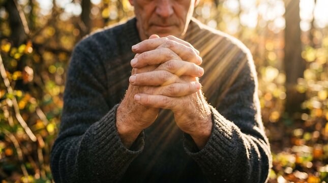 Elderly man with hands clasped in prayer outdoors during autumn with sun rays filtering through trees