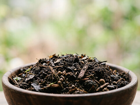 Rich, dark compost soil fills a wooden bowl, offering a tangible representation of growth and nutrient-rich earth, perfect for gardening and nurturing life.