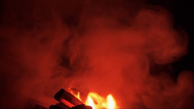 Campfire burning in dark forest night scene