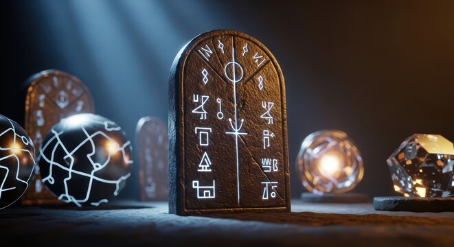 Mysterious carved stone tablet with symbols in dark setting