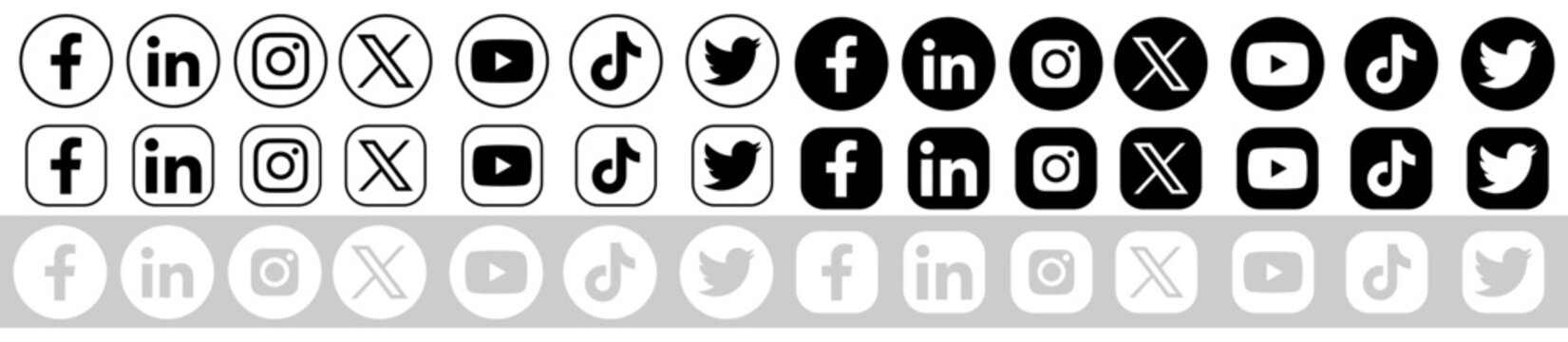 Social media icons set. Social networking symbols for digital marketing, online communication, Facebook, LinkedIn, Instagram, X, YouTube, TikTok, Twitter, Facebook, LinkedIn, Instagram, X, YouTube