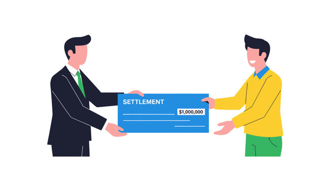 Professional legal representative handing over a large financial reward cheque to a happy client for a successful case resolution and compensation payment regarding a formal court agreement