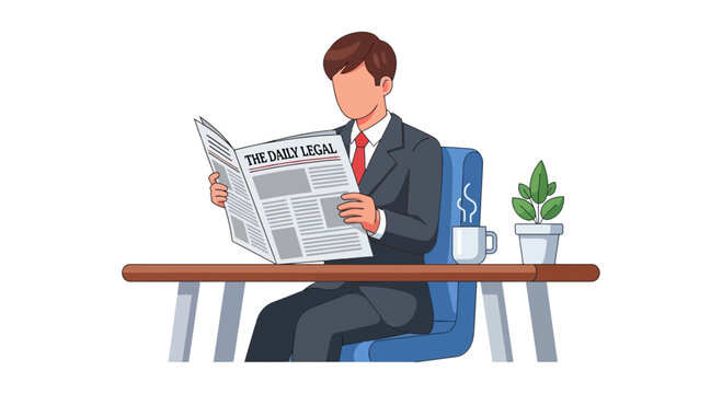 A professional man dressed in a dark suit sits at a desk during his morning routine while he reads the latest legal news from a paper publication to stay informed about current market changes