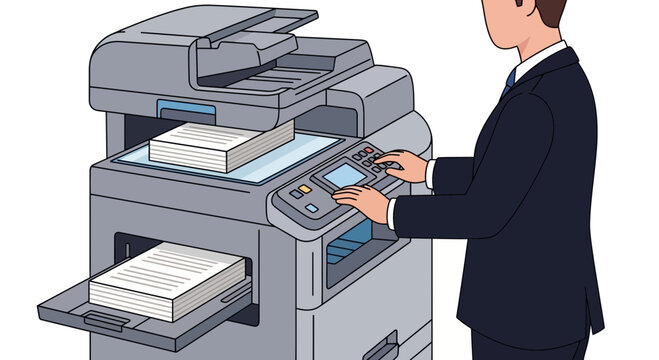 A professional man in a formal suit operates a large heavy duty multifunctional document copier machine to print many paper files for daily corporate administrative tasks inside a busy office