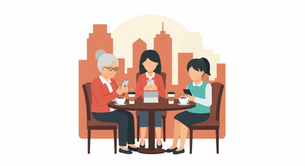 Fototapeta premium A grandmother, mother, and child sitting around a round cafe table with various devices, coffee cups, minimalist urban background, terracotta and cream color palette, minimalist flat vector