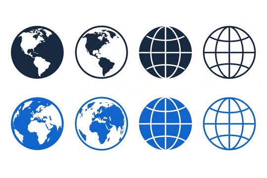 Set of flat globe icons for global communication and travel design isolated on white background
