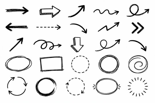 Set of hand drawn sketch arrows and geometric shapes on white background isolated on white background