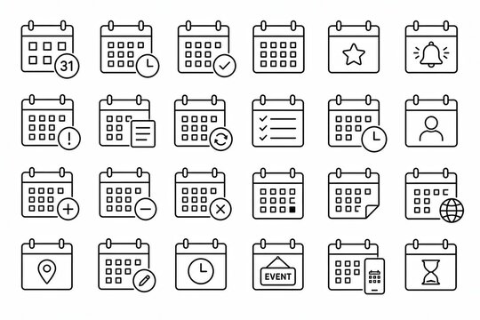 Set of simple black calendar date and event schedule icons isolated on white background