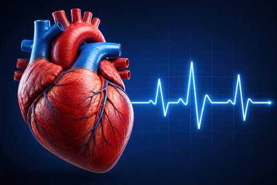 Anatomical human heart model with a glowing blue heartbeat line graph